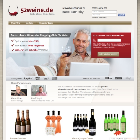 Die Webseite vom 52weine.de Shop