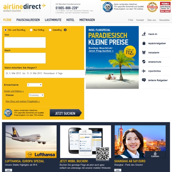 Die Webseite vom Airline-Direct.de Shop