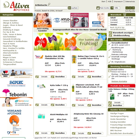 Die Webseite vom Aliva.de Shop
