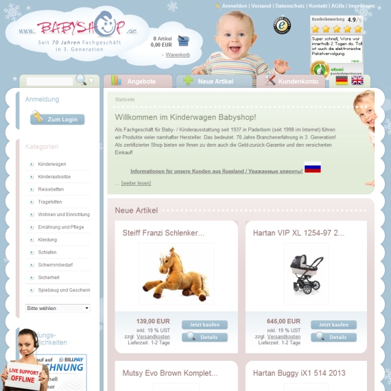 Die Webseite vom Babyshop.de Shop