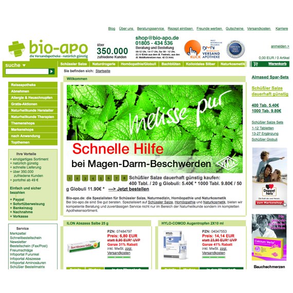 Die Webseite vom bio-apo.de Shop