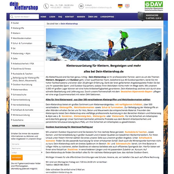 Die Webseite vom Dein-Klettershop.de Shop
