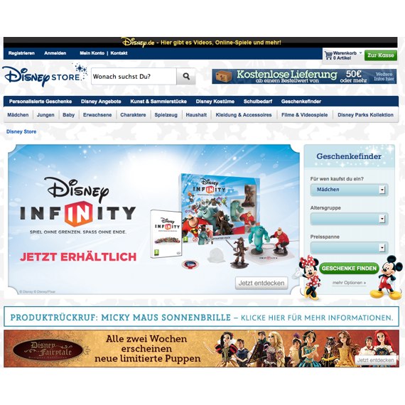 Die Webseite vom DisneyStore.de Shop