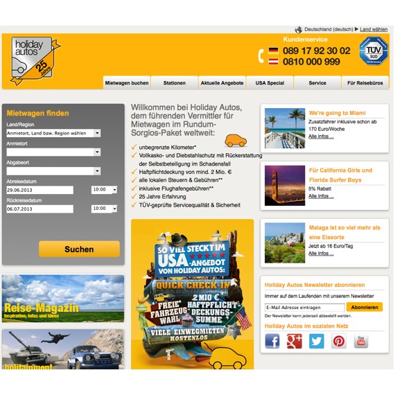 Die Webseite vom Holidayautos.de Shop