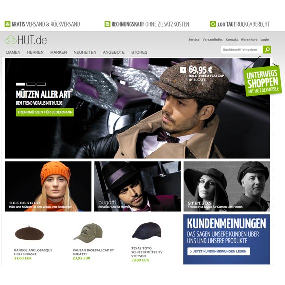 Die Webseite vom HUT.de Shop
