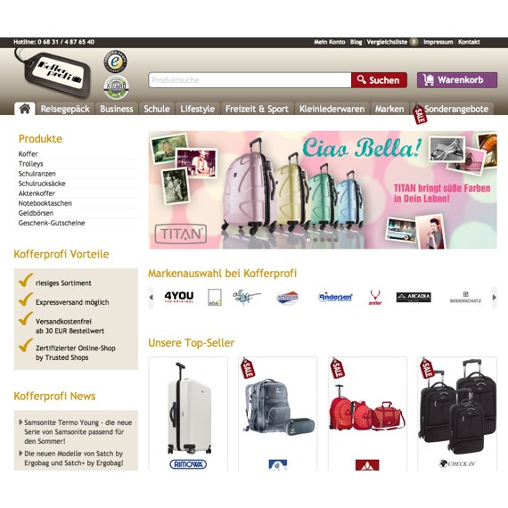 Die Webseite vom Kofferprofi.de Shop