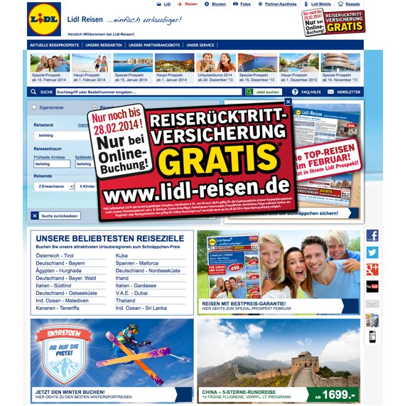 Die Webseite vom Lidl-Reisen.de Shop