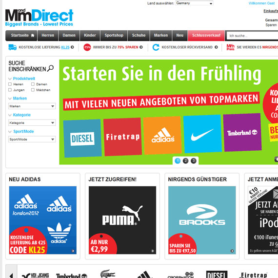 Die Webseite vom MandMdirect.de Shop