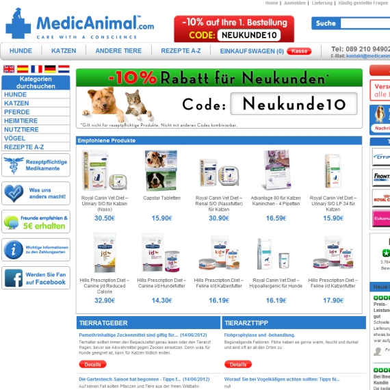 Die Webseite vom MedicAnimal.com Shop