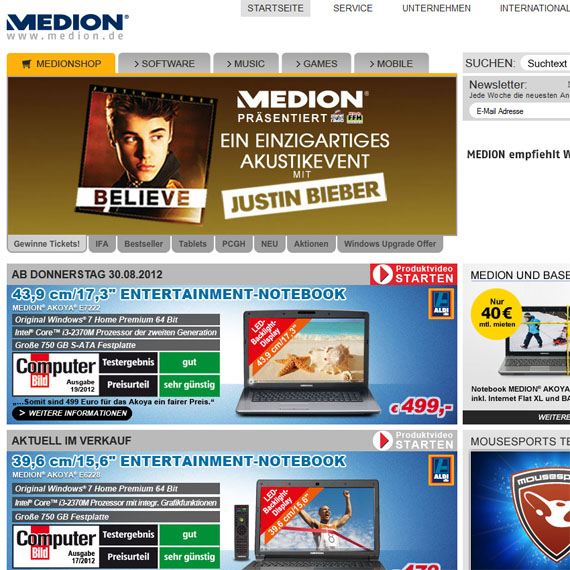 Die Webseite vom Medion.com Shop