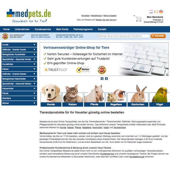 Die Webseite vom medpets.de Shop