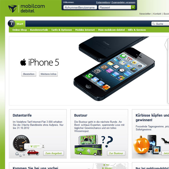Die Webseite vom Mobilcom-Debitel.de Shop
