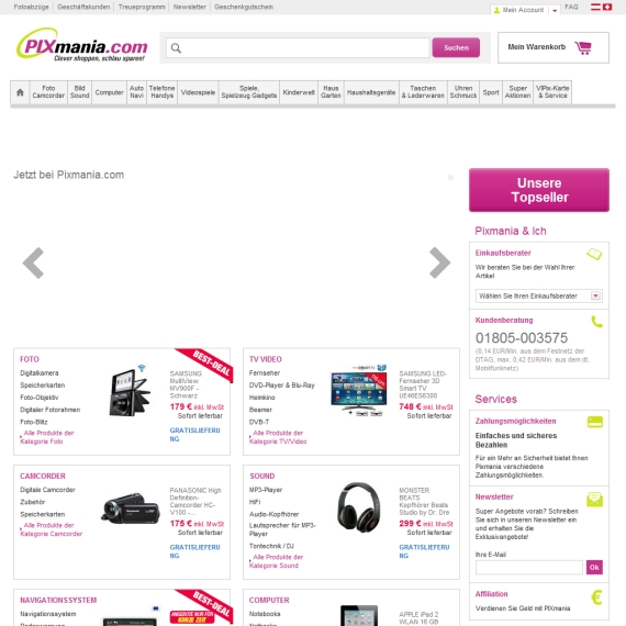 Die Webseite vom Pixmania.de Shop