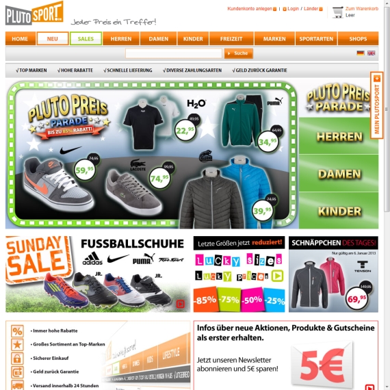 Die Webseite vom Plutosport.de Shop
