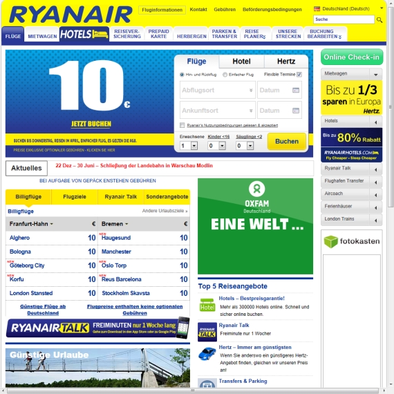 Die Webseite vom Ryanair.com Shop