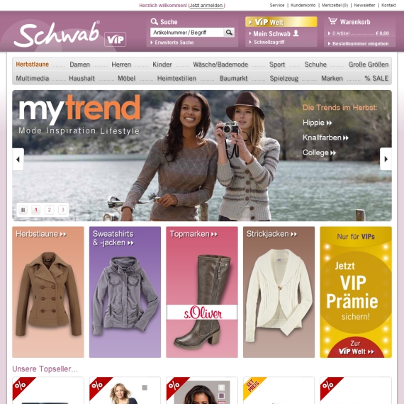 Die Webseite vom Schwab.de Shop