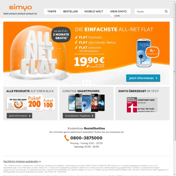 Die Webseite vom Simyo.de Shop