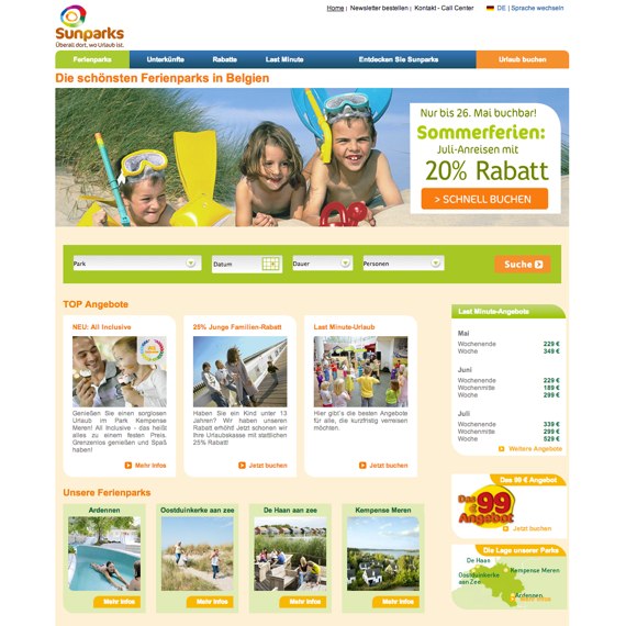 Die Webseite vom Sunparks.com Shop