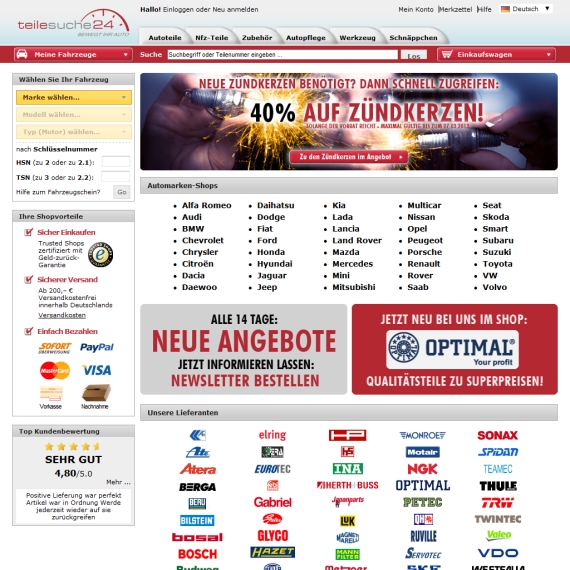 Die Webseite vom Teilesuche24.de Shop