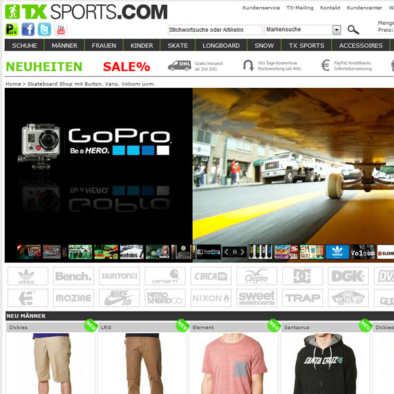 Die Webseite vom TX-Sports.com Shop
