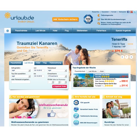 Die Webseite vom Urlaub.de Shop